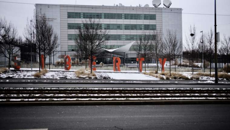 Radio Free Europe Radio Liberty Building in Prague. Photo by Ted Lipien. January 17, 2021.