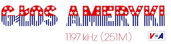 Voice of America VOA Polish Service(Głos Ameryki) sticker produced during martial law in Poland in the 1980s. It shows VOA's medium wave radio frequency from a transmitter near Munich in West Germany.